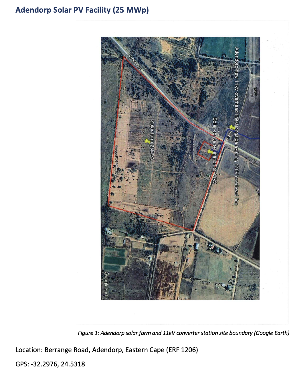 Aerial site plan of the Adendorp 25 MWp solar farm showing the red site boundary, solar converter station to 11 kV, and a new 11 kV overhead line alongside an existing line.
